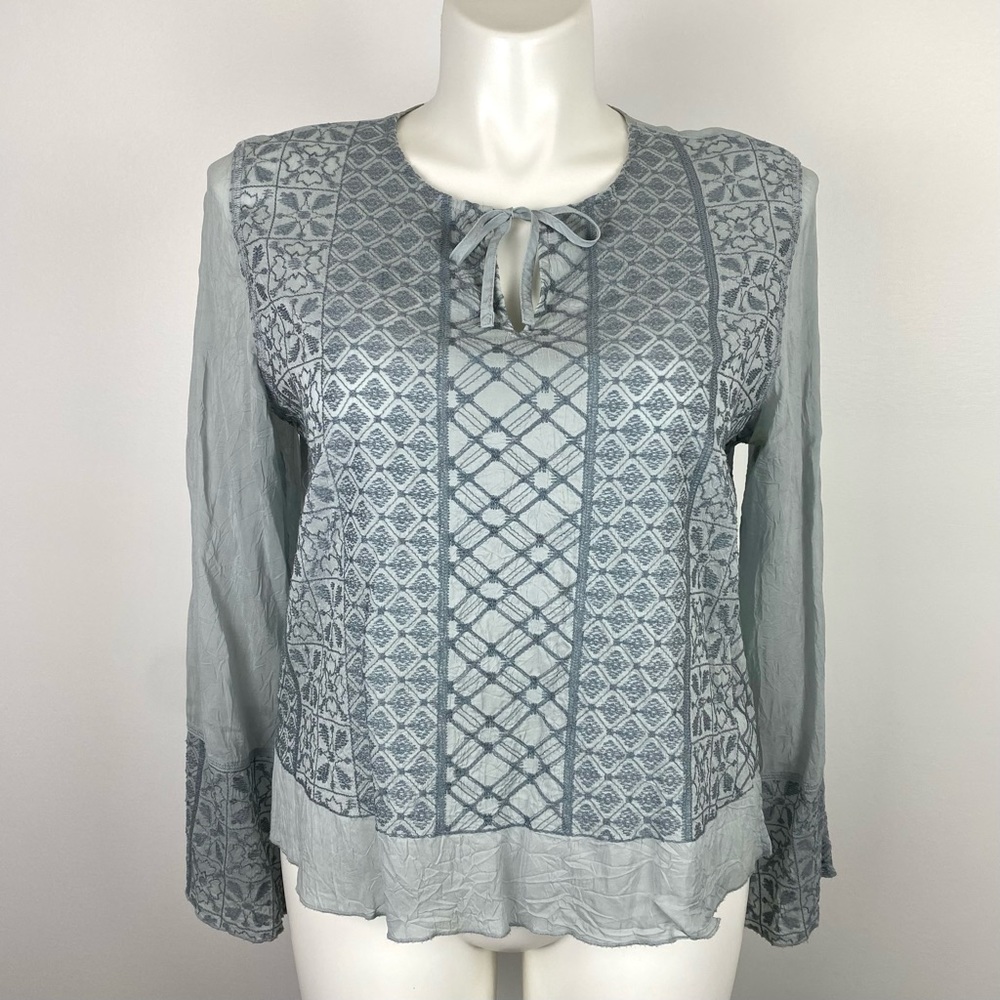 J. Jill Embroidered Geometric Print Light Blue Blouse L